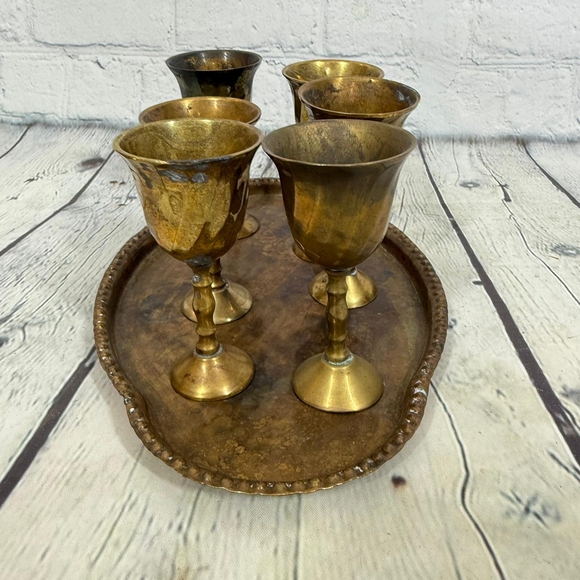 Vintage Brass Goblet Set with Tray - Picture 6 of 11